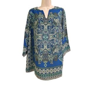 Violet & Claire Split Hem Tunic Top Blue Green Paisley Print V-Neck Size 1X